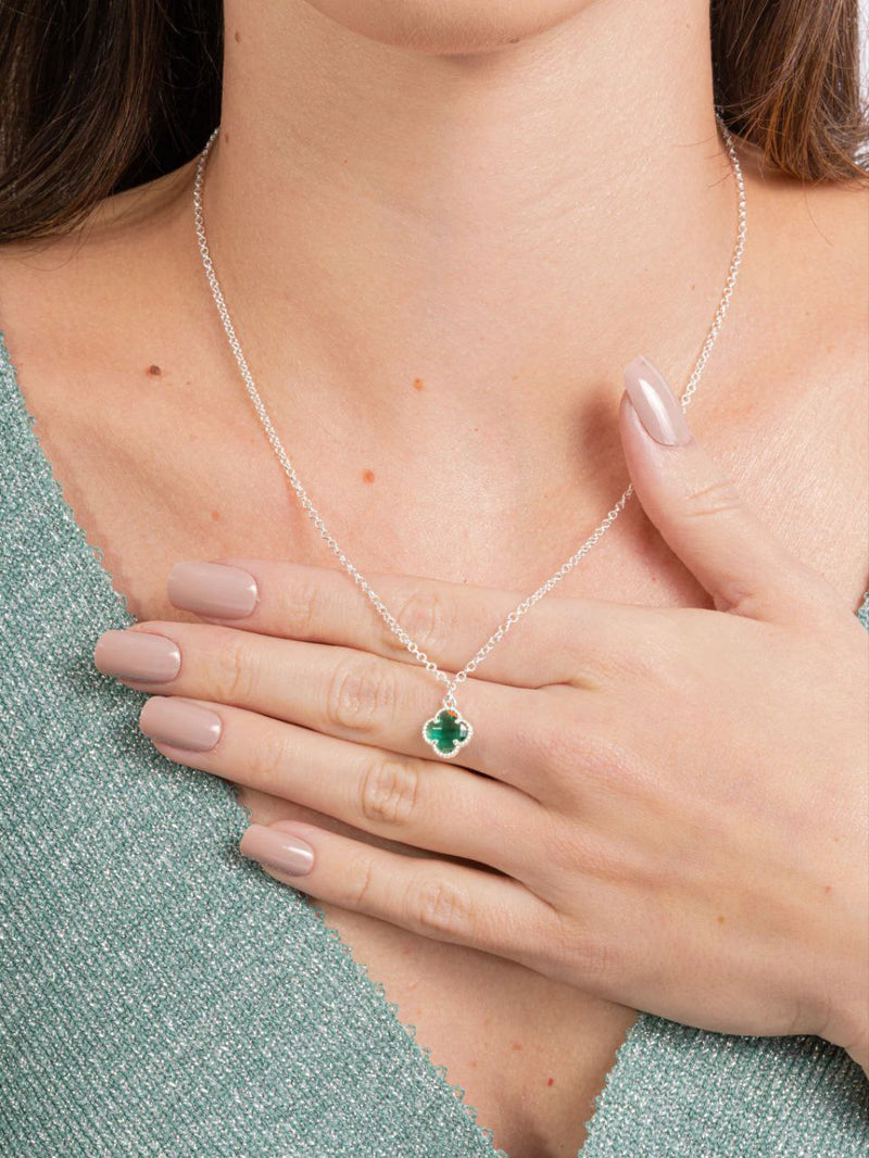 Colar de Prata 925 Trevo Detalhado Verde Pequeno